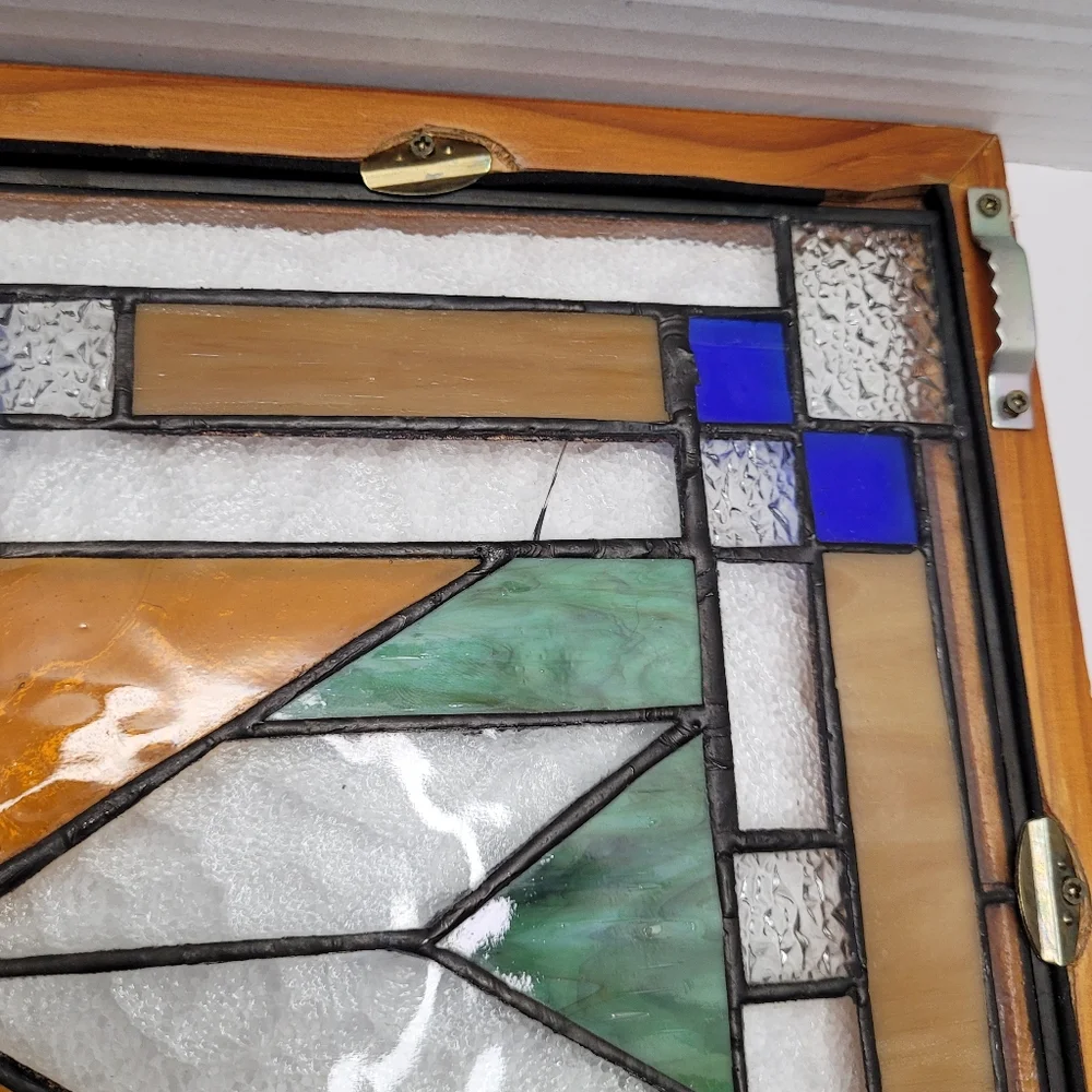 Geometric Stained Glass Panel In Wood Frame Vintage Window or Wall Decor RARE